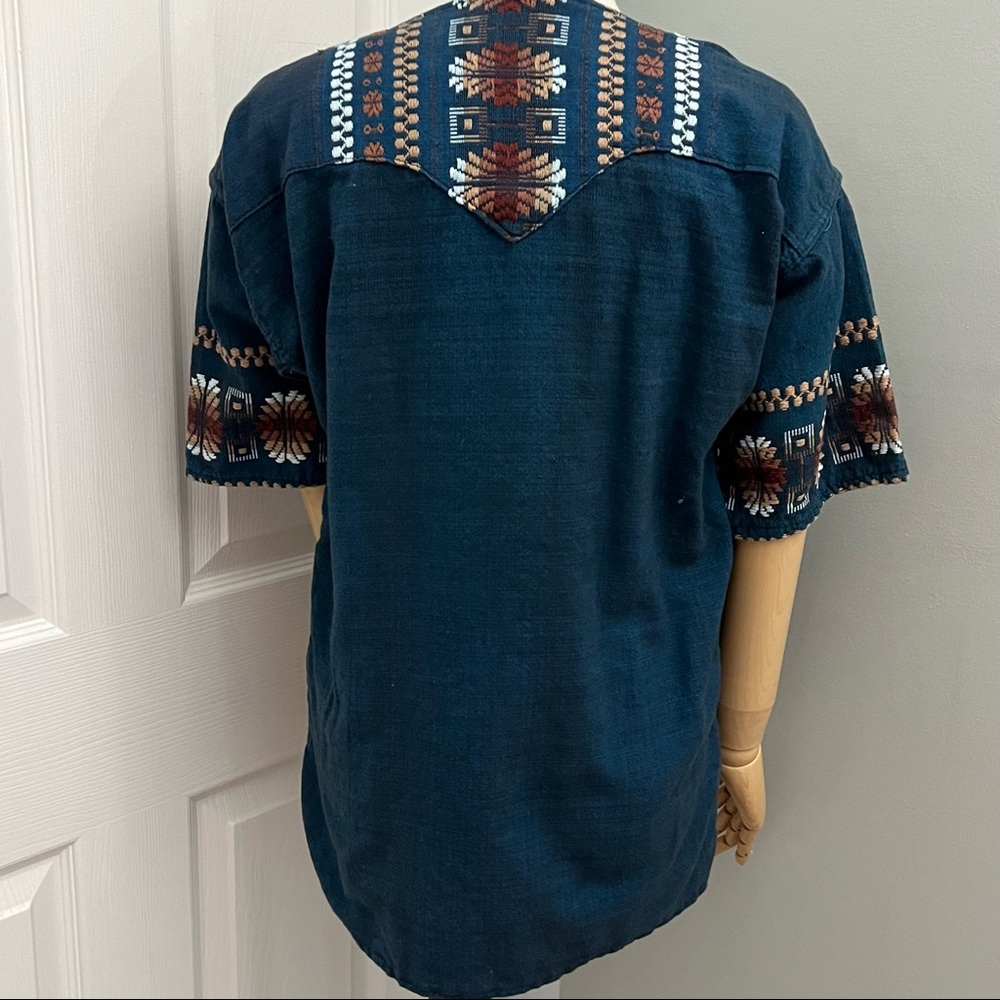 Vintage Embroidered Made in Mexico  Dark Blue Heavy Linen Top - Picture 13 of 16